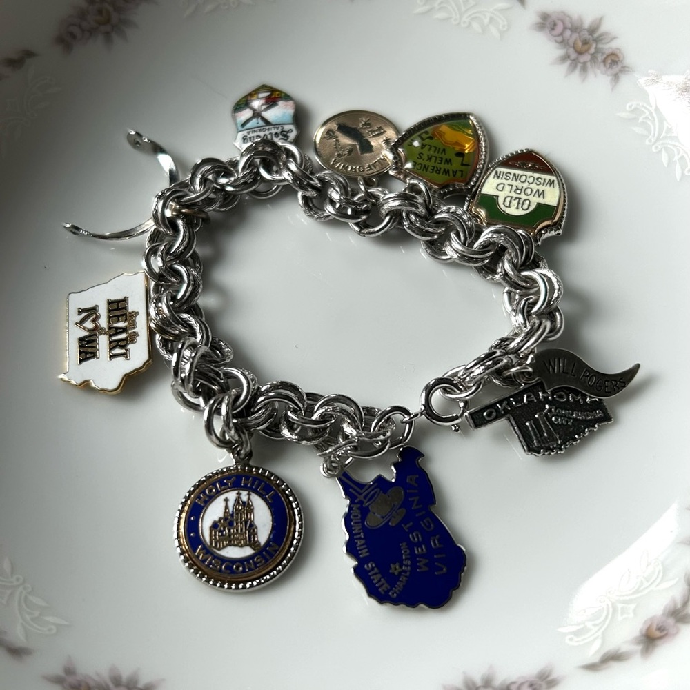 Rare Vintage 1960s 925 Sterling Silver Double Link Travel Charm Bracelet